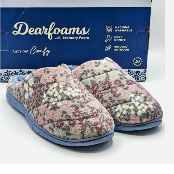 Dearfoams Women's Size Medium (7/8) Indoor/Outdoor Slippers, Blue Floral - Picture 2 of 5